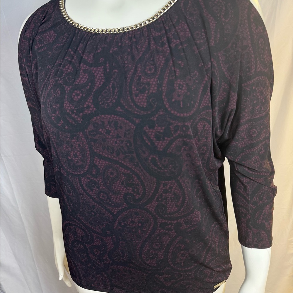 NWT Women's Michael Kors purple black blouse cold shoulder gold chain large new